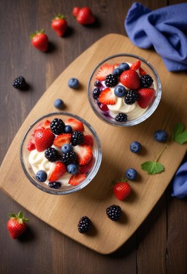 Two bowls of yogurt with berries on a wooden board