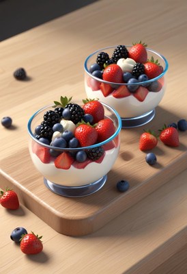 Two bowls of berries and cream on a wooden table