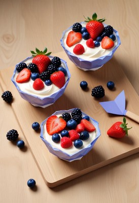 Three yogurt bowls with berries on a wooden table