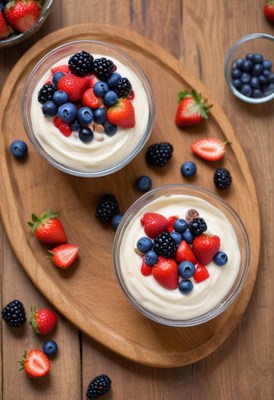 Two bowls of yogurt with berries on a wooden tray