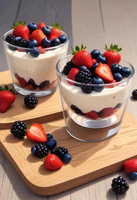 Two glasses of yogurt with berries on a wooden board