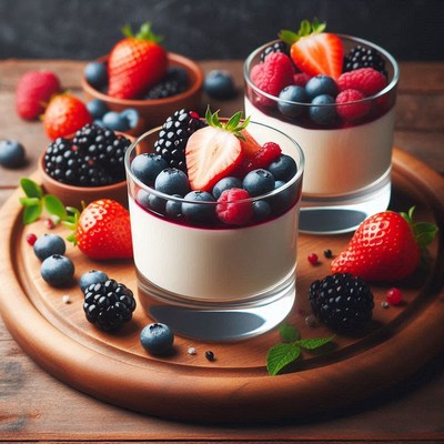 Two creamy desserts topped with berries on a wooden tray