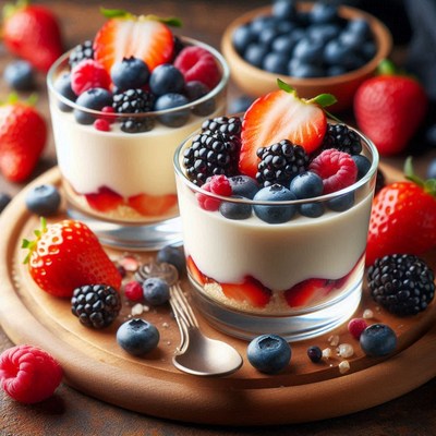 Two glasses of yogurt with berries on a wooden table