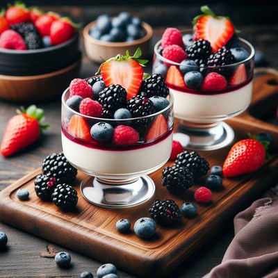Two parfaits topped with fresh berries on a wooden board