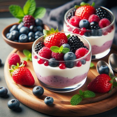 A delicious dessert with fresh berries and yogurt
