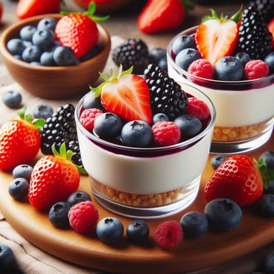 Two glasses of cheesecake topped with berries