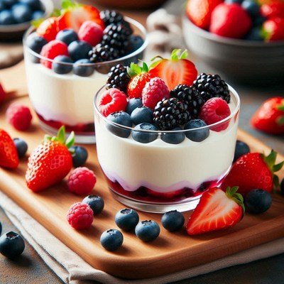 Yogurt parfait with fresh berries on a wooden board