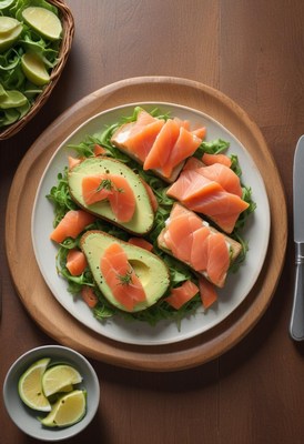 A plate of avocado and smoked salmon on toast
