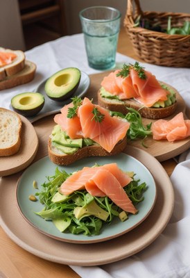 Salmon avocado toast with greens on a table