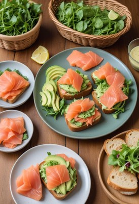 Delicious salmon and avocado toast on a wooden table