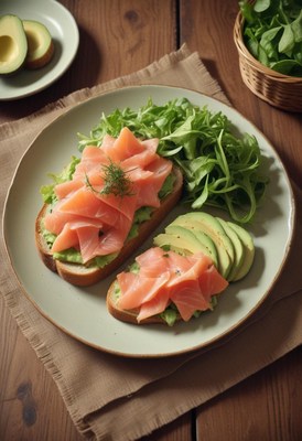 Two avocado toast with smoked salmon and greens on a plate