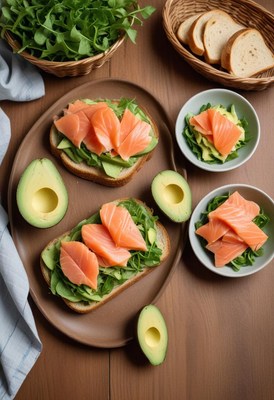 Two salmon and avocado toasts on a plate
