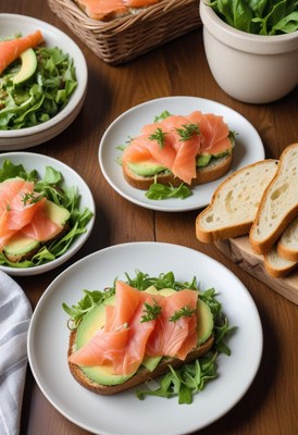 A plate of smoked salmon and avocado toast, ready to eat