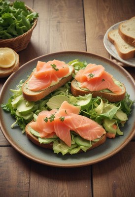 Avocado smoked salmon sandwich on wood table