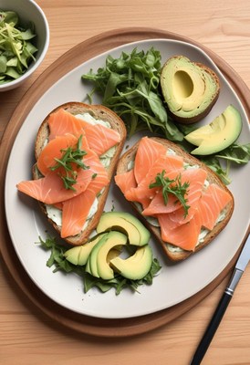 Salmon and avocado toast on a white plate