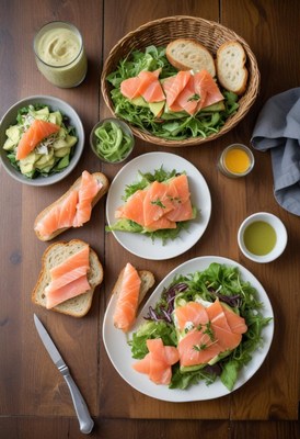 A salmon and avocado salad with various sides