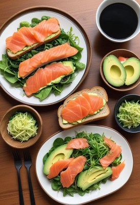 Salmon avocado toast with greens on wood table