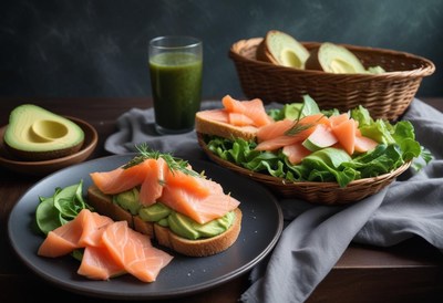Smoked salmon and avocado toast on a black plate