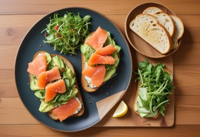 Two salmon, avocado, and arugula toasts on a plate