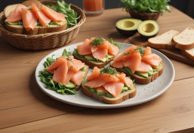 Four salmon avocado toasts on a white plate