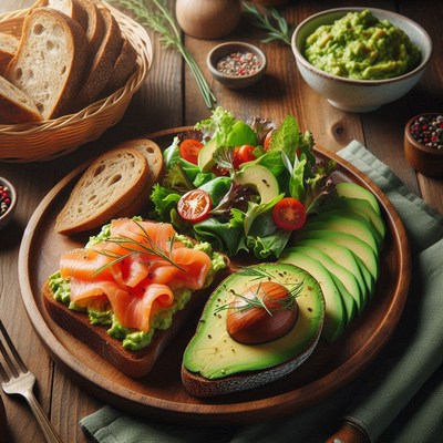 Wooden platter with avocado toast, salmon, and salad
