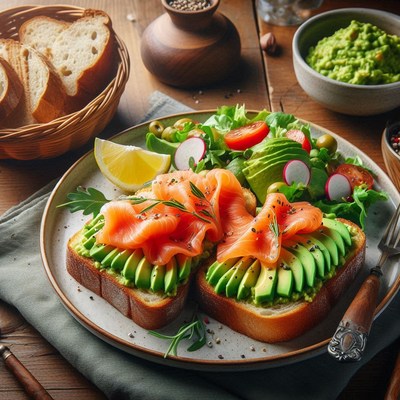 Avocado toast with smoked salmon and salad