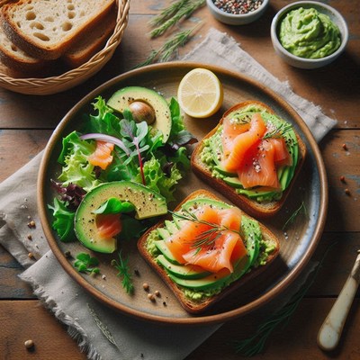 Avocado and smoked salmon toast with a side salad