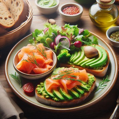 Smoked salmon and avocado toast with a side of salad