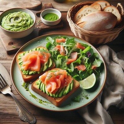 Avocado toast with smoked salmon, greens, and lime