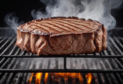 A juicy steak grilling over an open fire