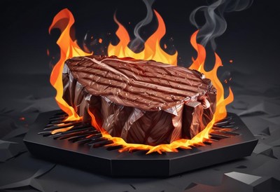 A grilled steak cooks over an open flame