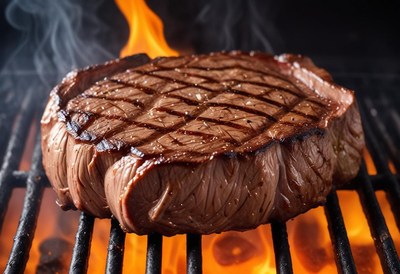 A juicy steak cooks over an open fire