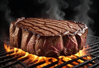 A juicy steak is grilled over an open flame