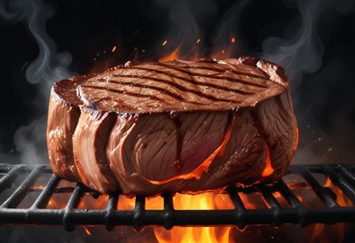 A juicy steak grilling over flames