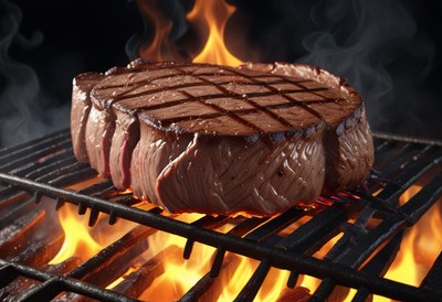 A juicy steak grilling over an open flame