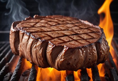 A juicy steak cooks on a grill over an open flame
