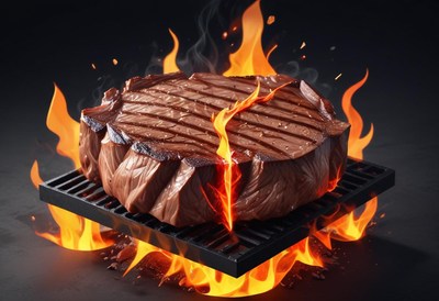 A juicy steak is cooking over an open flame