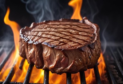 A juicy steak grilling over flames