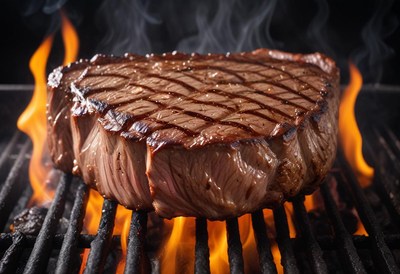A juicy steak cooks over an open flame