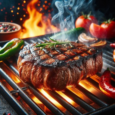 A juicy steak is grilling on a hot grill
