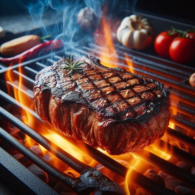 A juicy steak grilling over hot coals