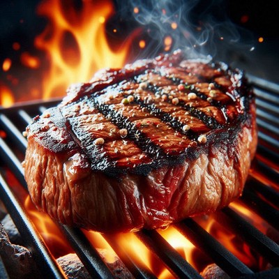 A juicy steak grilling over hot coals