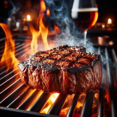 A juicy steak grilling over flames