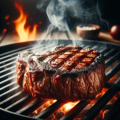 A juicy steak grilling over an open flame