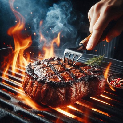 A juicy steak is being grilled over an open flame