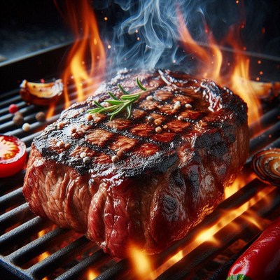 A juicy steak grilling over an open flame