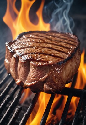 A juicy steak grilling over an open flame