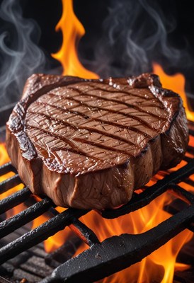 A juicy steak sizzles over an open flame