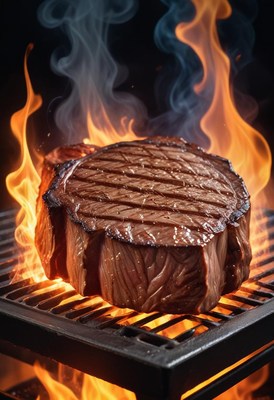 A juicy steak is grilled over an open flame