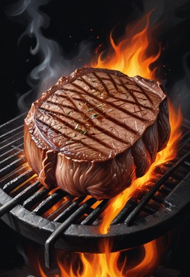 A juicy steak grilling over an open fire